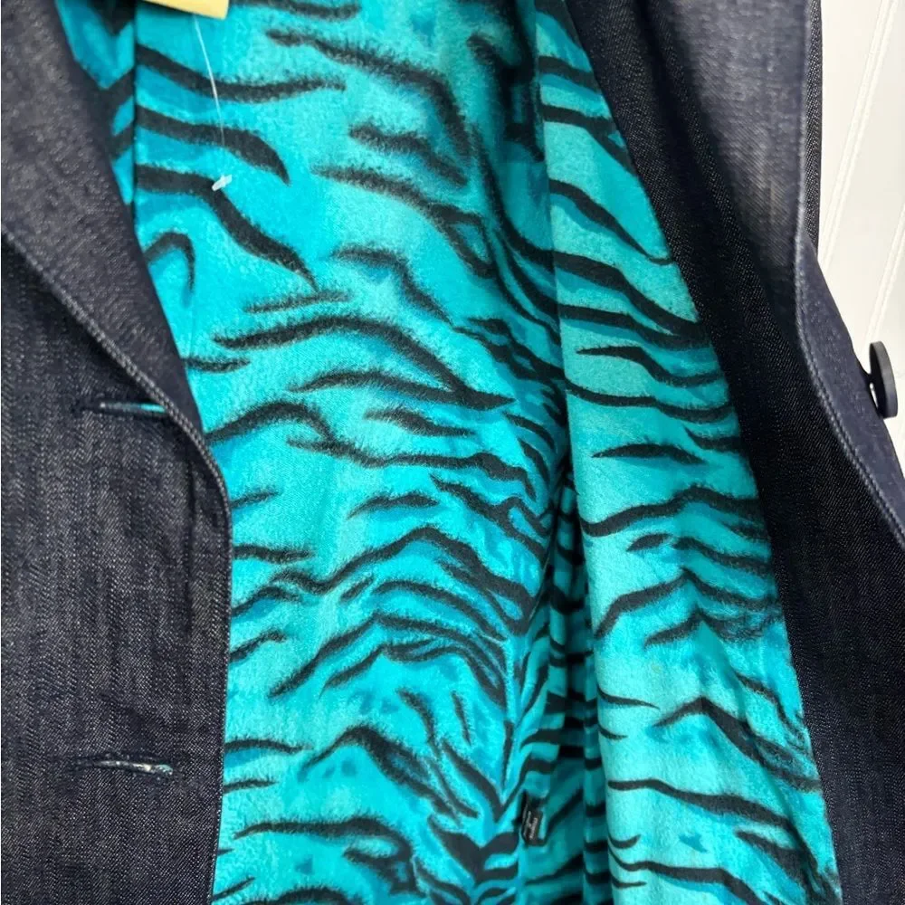 Versace Jeans Couture Y2K vintage Dark Denim trench Jacket with Teal zebraLining